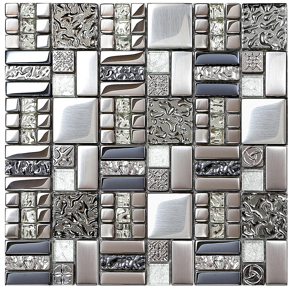 Glass Metallic Mosaic Tiles Silver Kitchen Backsplash Bathroom Shower Accent Wall Decor (Pack of 5)