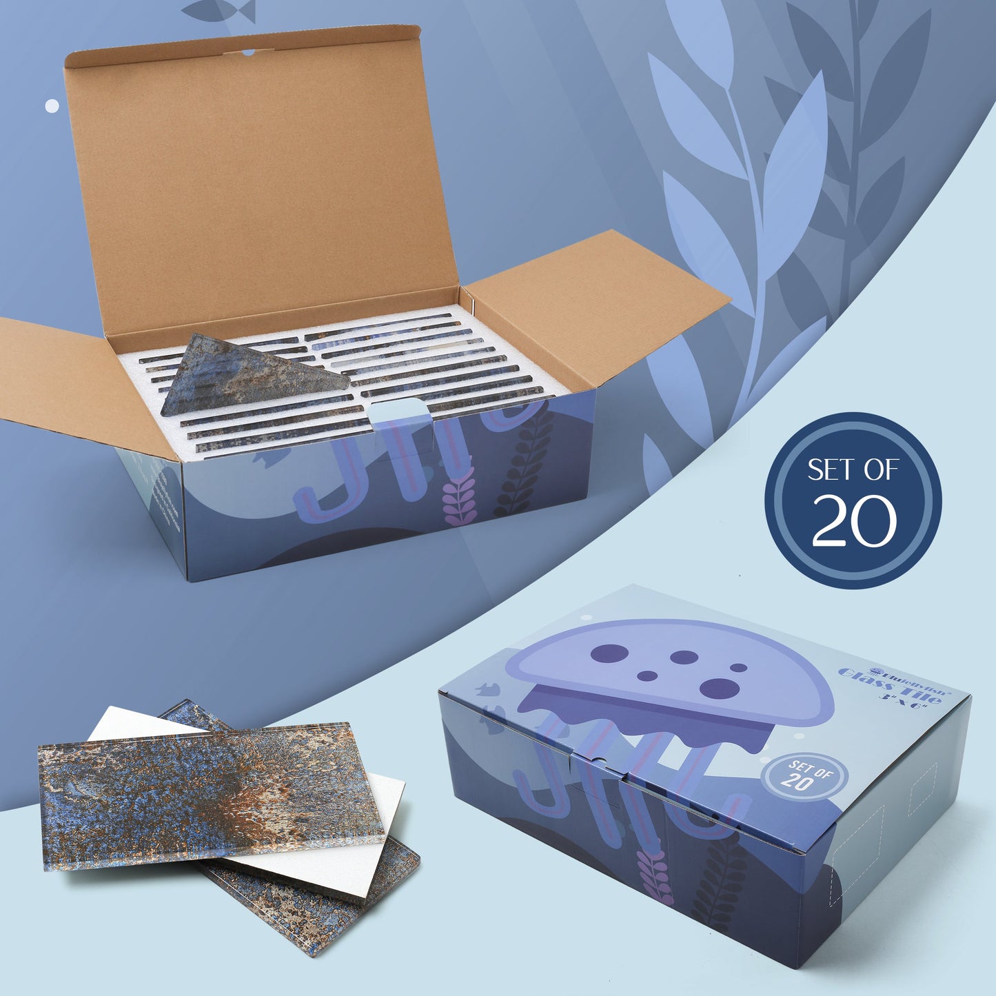 Glass Subway Tile 3x6 Inch Antique Blue Tiles for Kitchen Backsplash Bathroom Accent Wall(Pack of 20)