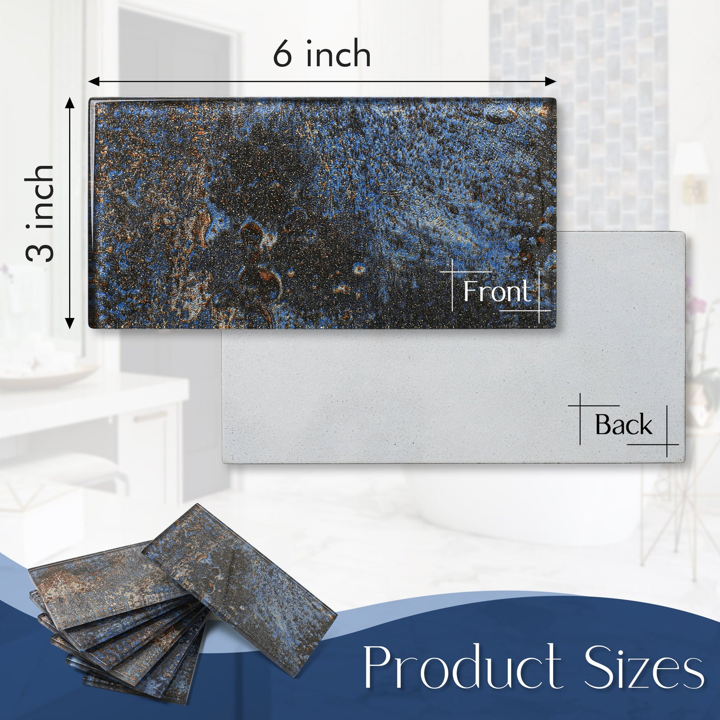 Glass Subway Tile 3x6 Inch Antique Blue Tiles for Kitchen Backsplash Bathroom Accent Wall(Pack of 20)