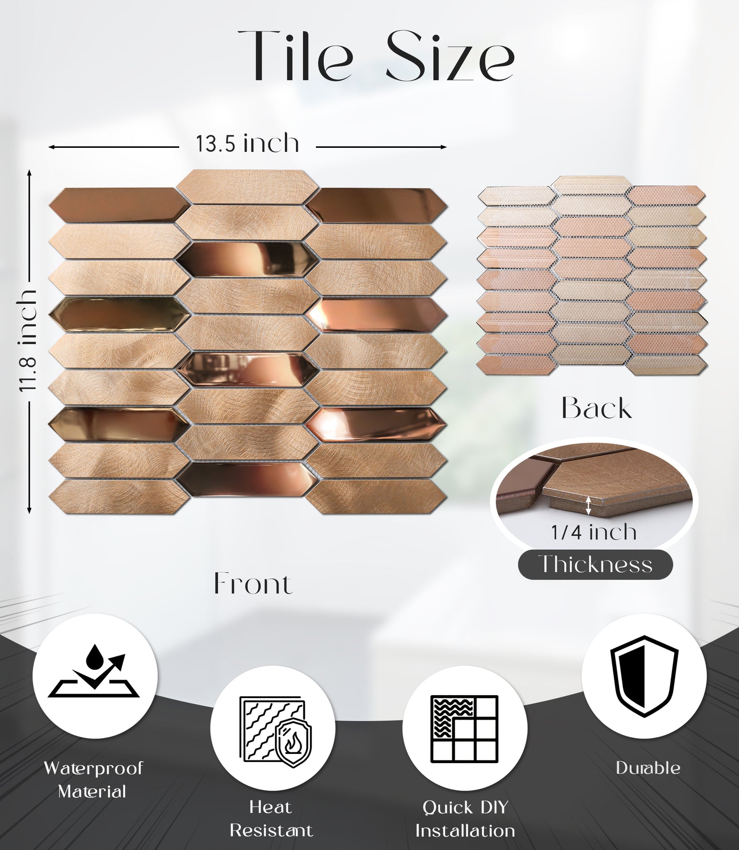 Gold Tile Long Hexagon Mosaic Tiles for Kitchen Backsplash Wall Bath Shower Floor Real Metal Tile (Pack of 5)