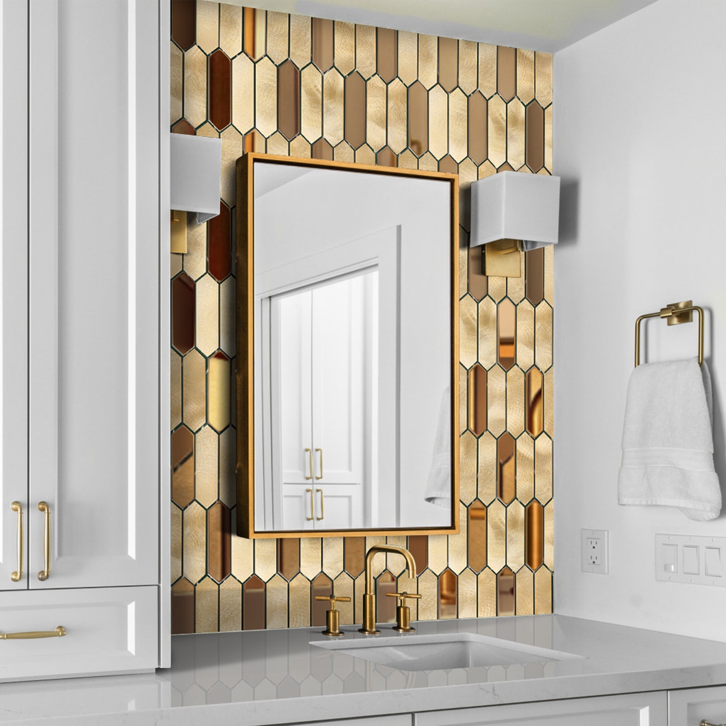 Gold Tile Long Hexagon Mosaic Tiles for Kitchen Backsplash Wall Bath Shower Floor Real Metal Tile (Pack of 5)