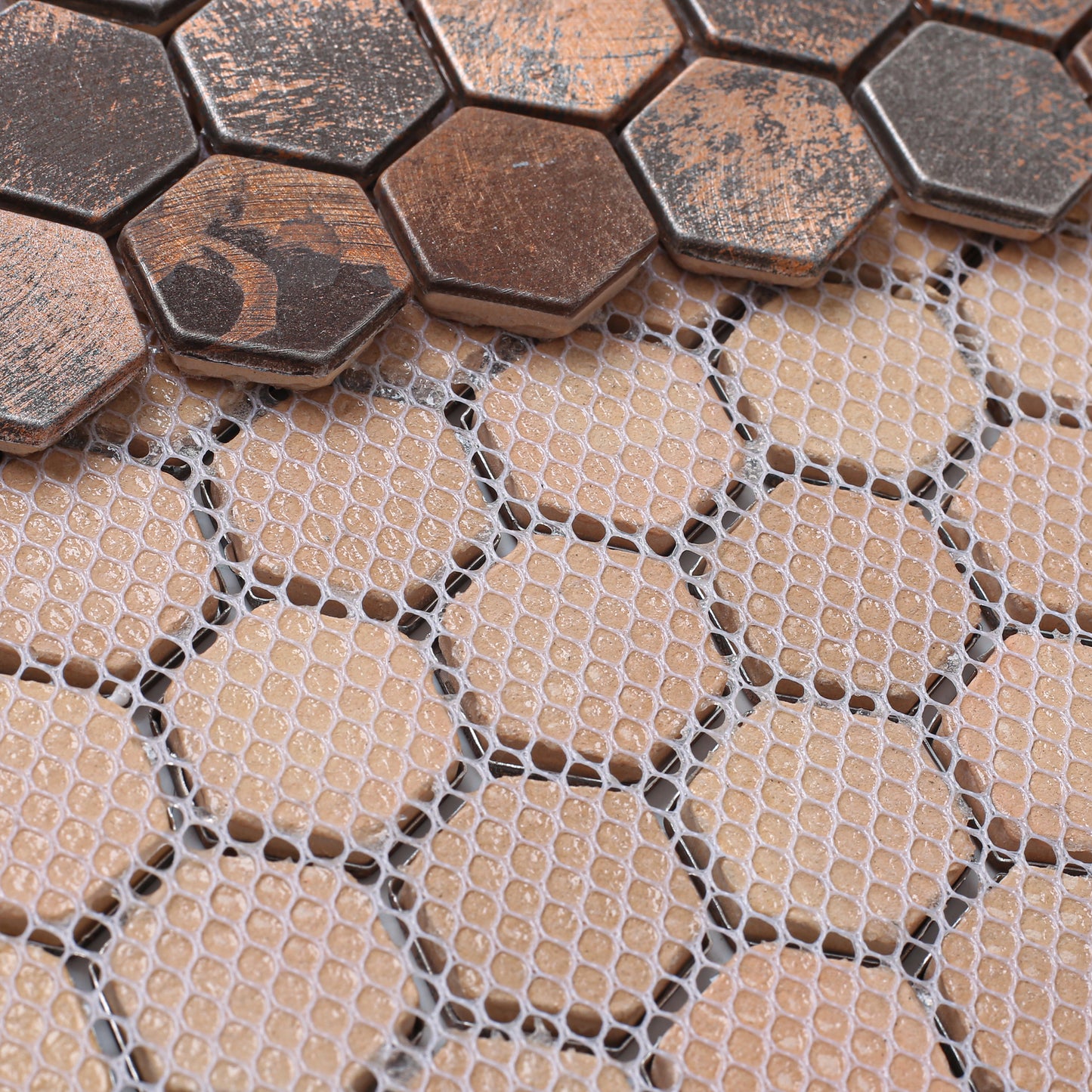 Antique Hexagon Mosaic Tile Earthy Brown Metallic Textured Wall Backsplash Tile (Pack of 5)