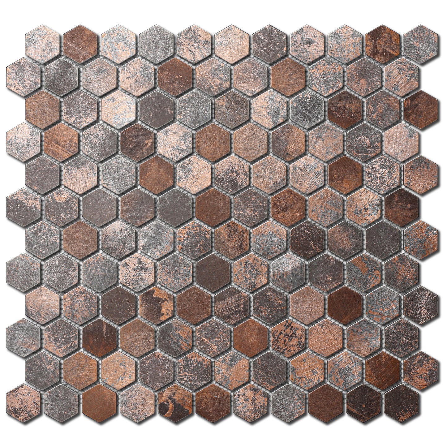 Antique Hexagon Mosaic Tile Earthy Brown Metallic Textured Wall Backsplash Tile (Pack of 5)