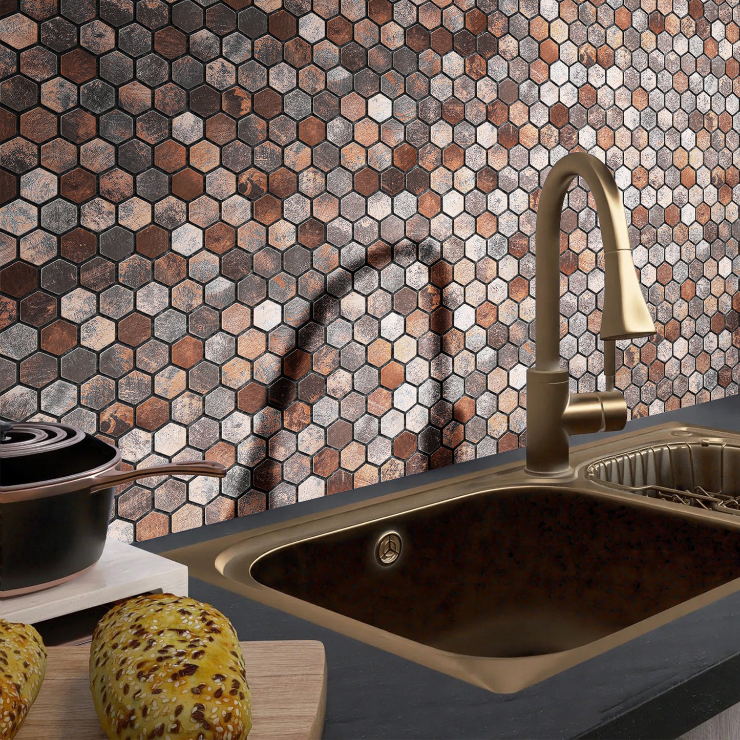 Antique Hexagon Mosaic Tile Earthy Brown Metallic Textured Wall Backsplash Tile (Pack of 5)