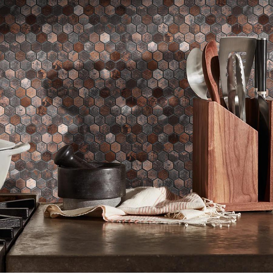 Antique Hexagon Mosaic Tile Earthy Brown Metallic Textured Wall Backsplash Tile (Pack of 5)