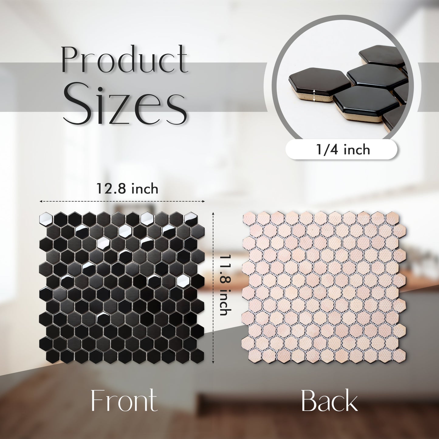 Black Metallic Hexagon Honeycomb Backsplash Tile for Kitchen Bathroom Accent Wall (Pack of 5)