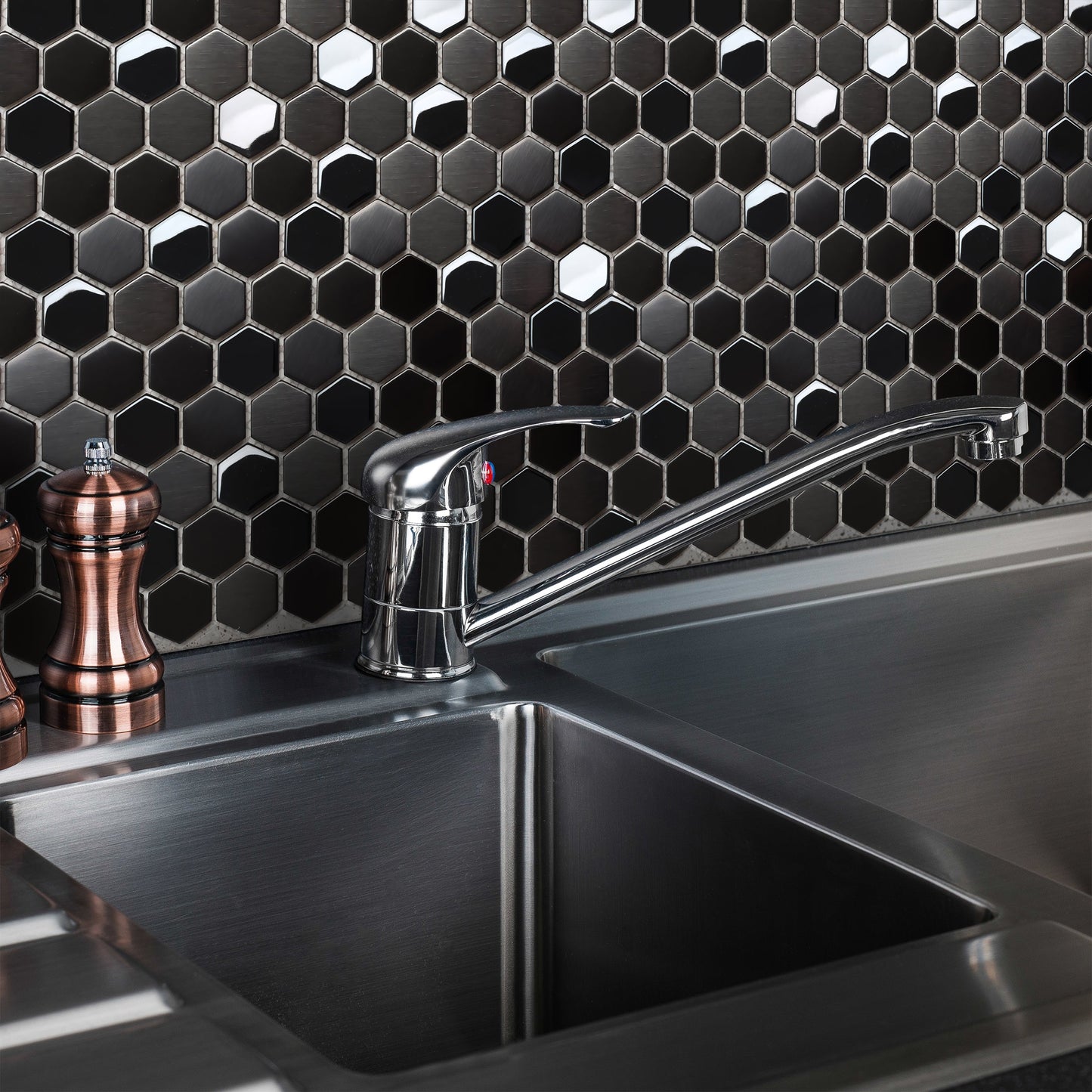 Black Metallic Hexagon Honeycomb Backsplash Tile for Kitchen Bathroom Accent Wall (Pack of 5)