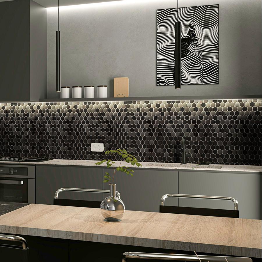 Black Metallic Hexagon Honeycomb Backsplash Tile for Kitchen Bathroom Accent Wall (Pack of 5)