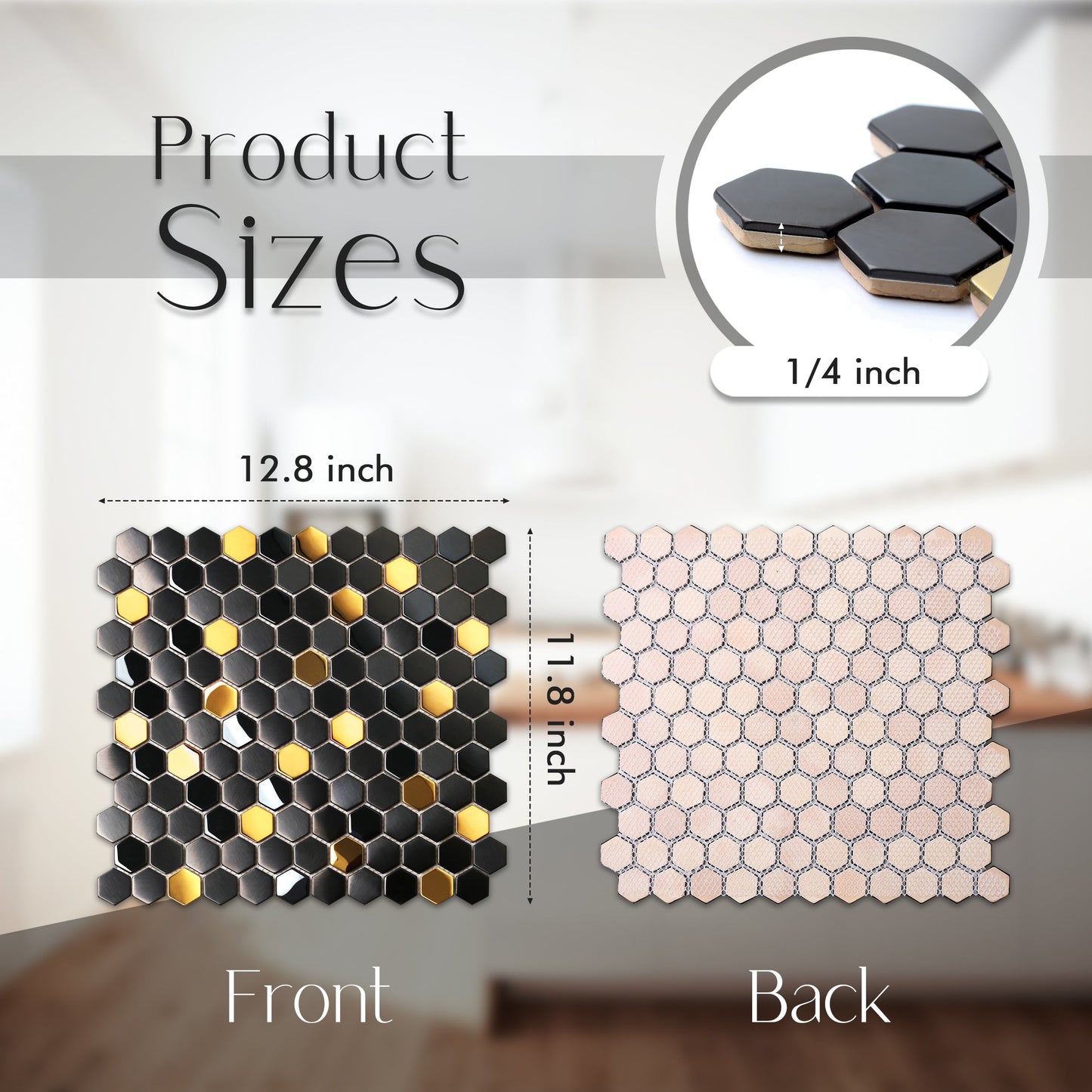 Black and Gold Backsplash Wall Tiles Hexagon Mosaic Shower Floor Tile Kitchen Bathroom Tile(Pack of 5)