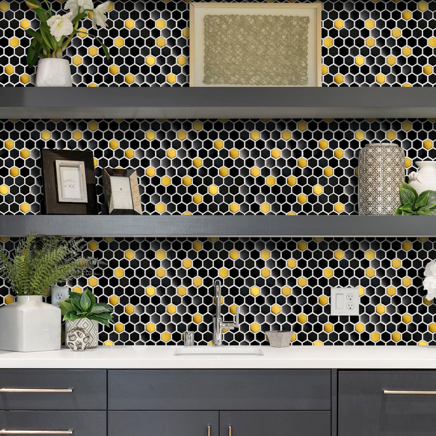 Black and Gold Backsplash Wall Tiles Hexagon Mosaic Shower Floor Tile Kitchen Bathroom Tile(Pack of 5)