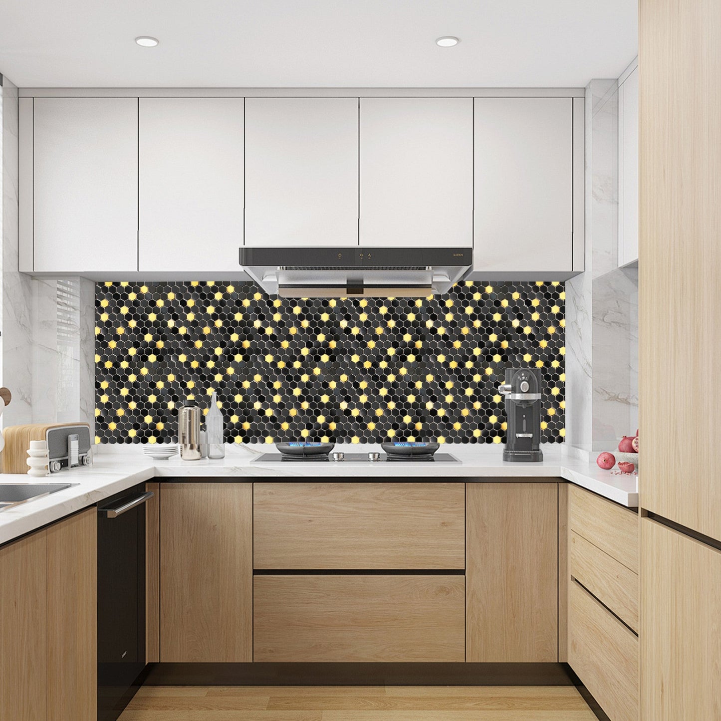 Black and Gold Backsplash Wall Tiles Hexagon Mosaic Shower Floor Tile Kitchen Bathroom Tile(Pack of 5)