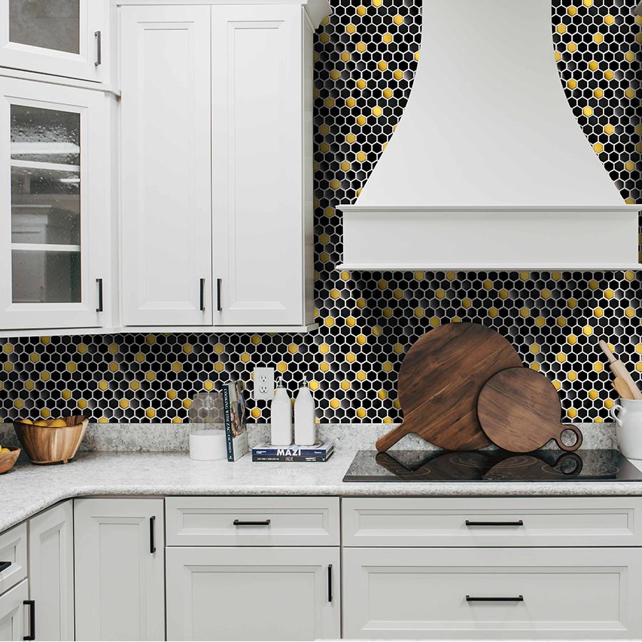 Black and Gold Backsplash Wall Tiles Hexagon Mosaic Shower Floor Tile Kitchen Bathroom Tile(Pack of 5)