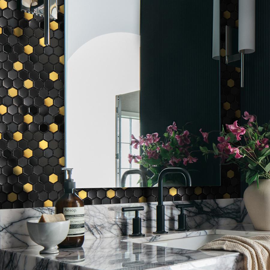 Black and Gold Backsplash Wall Tiles Hexagon Mosaic Shower Floor Tile Kitchen Bathroom Tile(Pack of 5)