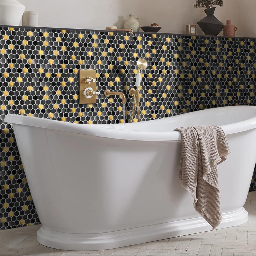 Black and Gold Backsplash Wall Tiles Hexagon Mosaic Shower Floor Tile Kitchen Bathroom Tile(Pack of 5)