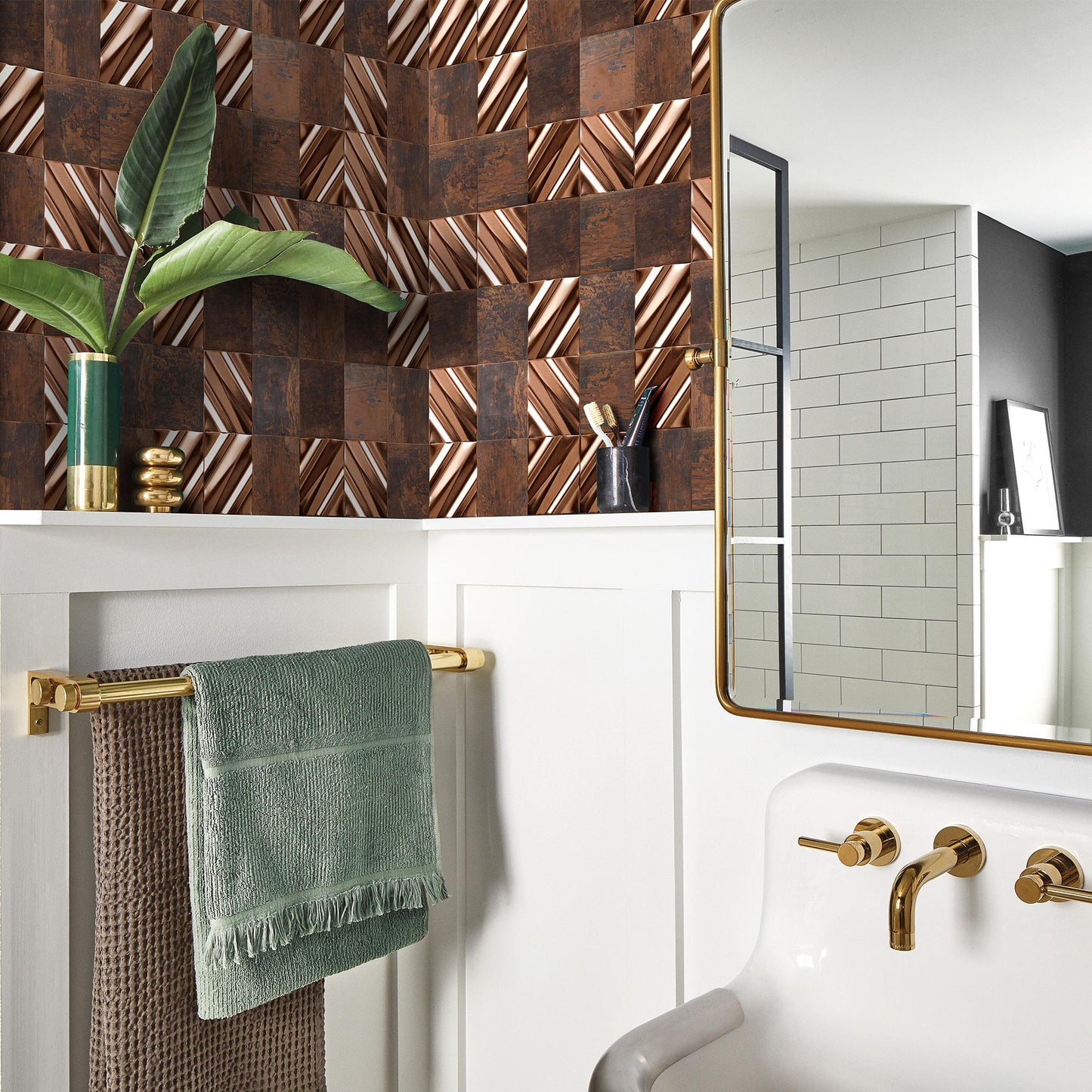 3D Antique Copper Tile for Backsplash Accent Wall Real Bronze Mosaic (Pack of 5)