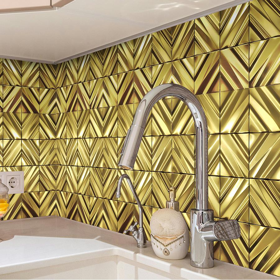 Gold 3D Wall Panels Metallic Chevron Backsplash Tile Decorative Wall Tile (Pack of 5)
