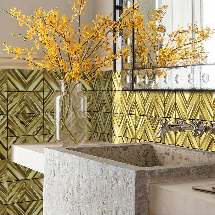 Gold 3D Wall Panels Metallic Chevron Backsplash Tile Decorative Wall Tile (Pack of 5)