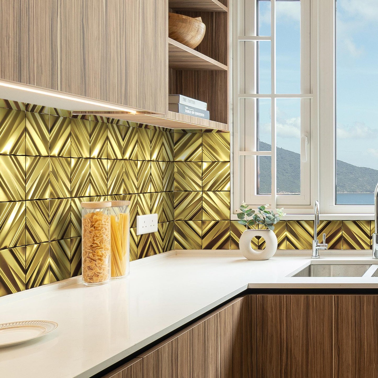 Gold 3D Wall Panels Metallic Chevron Backsplash Tile Decorative Wall Tile (Pack of 5)