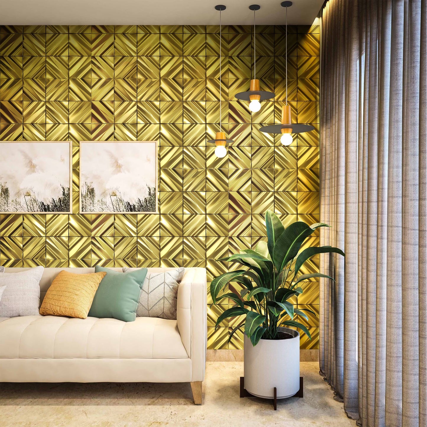 Gold 3D Wall Panels Metallic Chevron Backsplash Tile Decorative Wall Tile (Pack of 5)