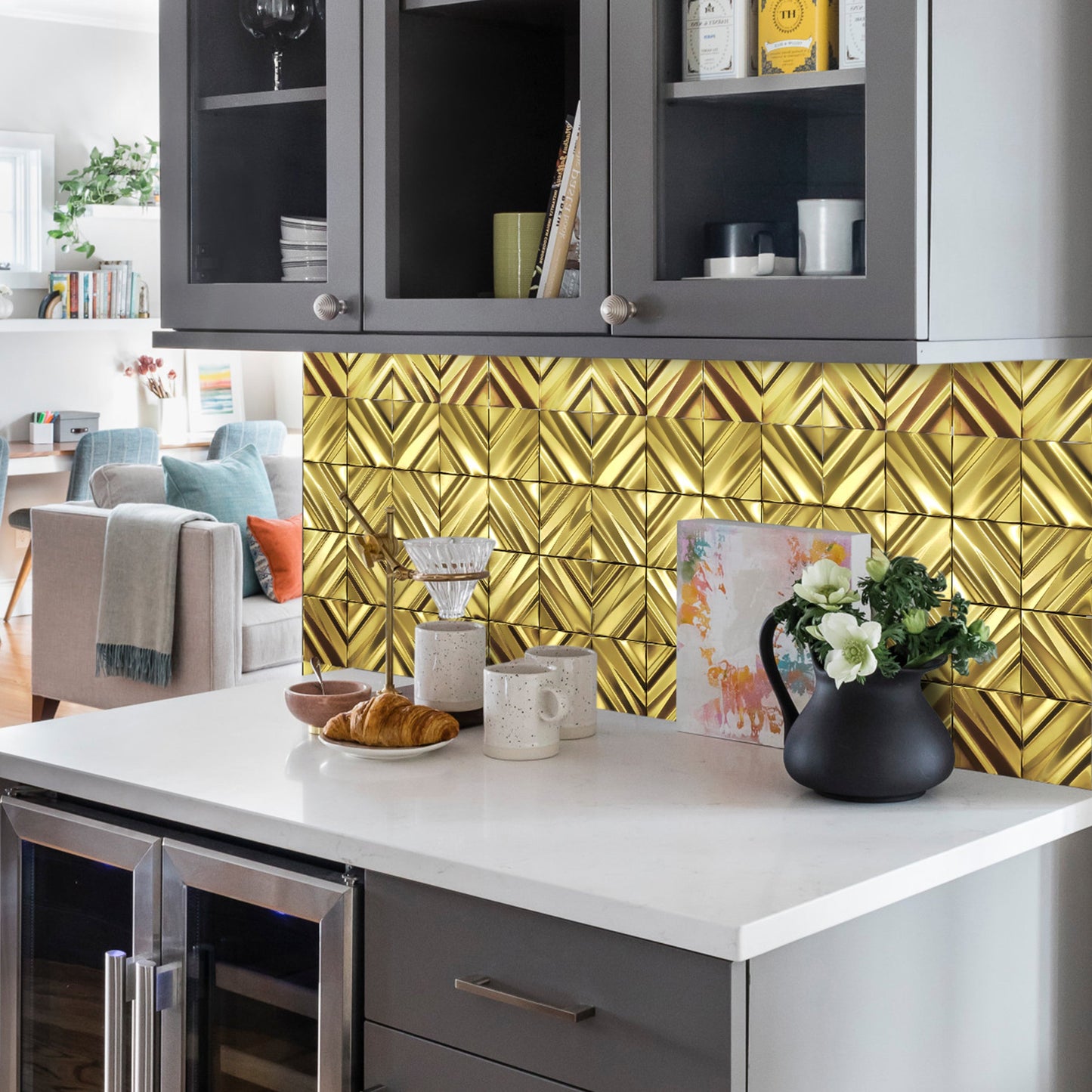 Gold 3D Wall Panels Metallic Chevron Backsplash Tile Decorative Wall Tile (Pack of 5)