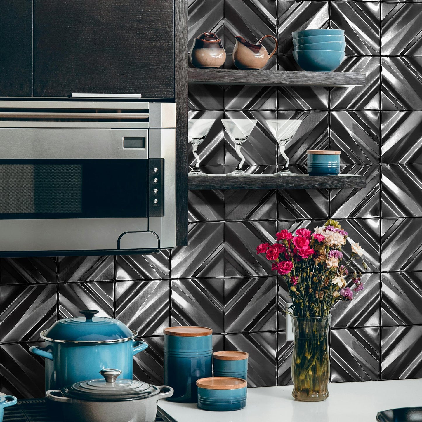 Black 3D Wall Panels Metallic Chevron Backsplash Tile Decorative Wall Tile (Pack of 5)