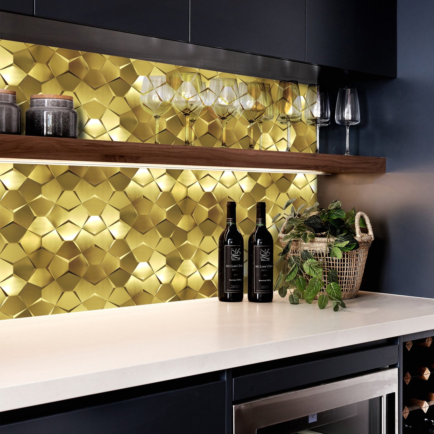 Gold 3D Wall Panels Metallic Long Hexagon Backsplash Tile (Pack of 5)