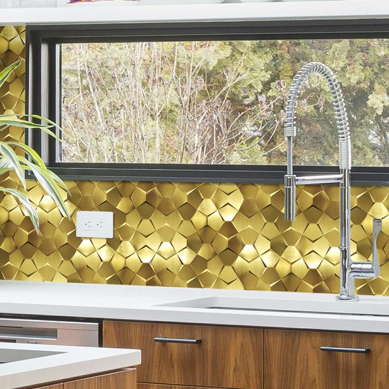Gold 3D Wall Panels Metallic Long Hexagon Backsplash Tile (Pack of 5)