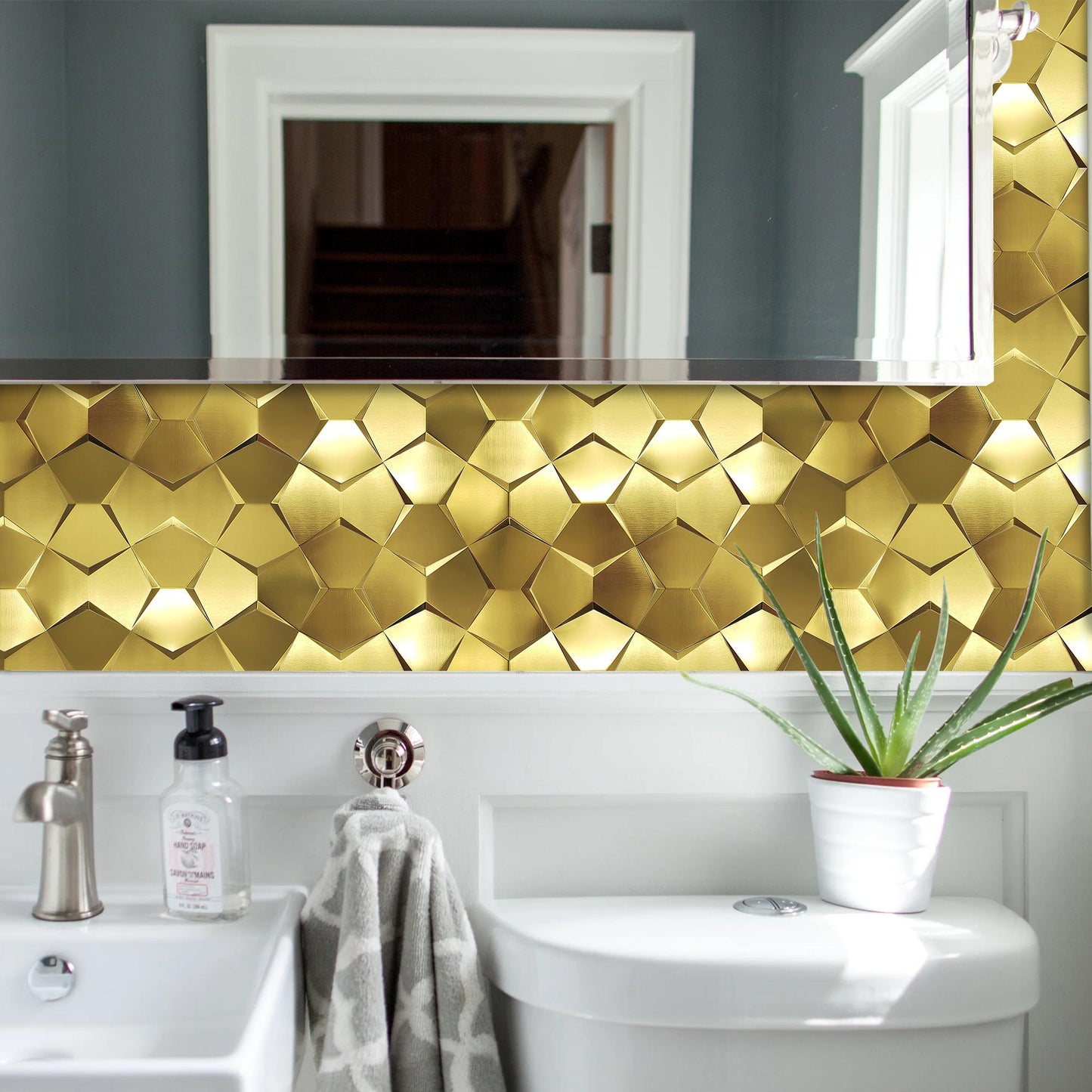 Gold 3D Wall Panels Metallic Long Hexagon Backsplash Tile (Pack of 5)