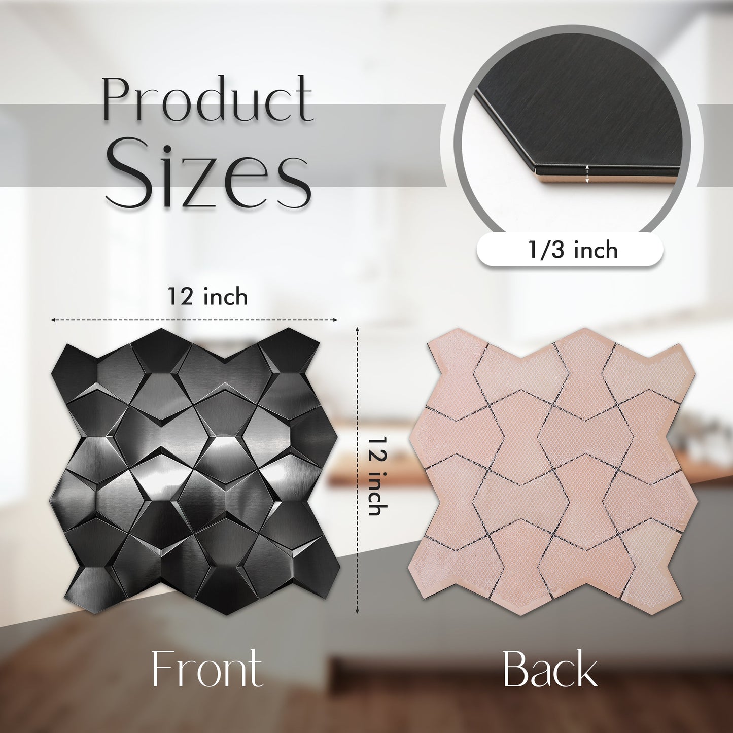 Black 3D Wall Panels Metallic Long Hexagon Backsplash Tile (Pack of 5)