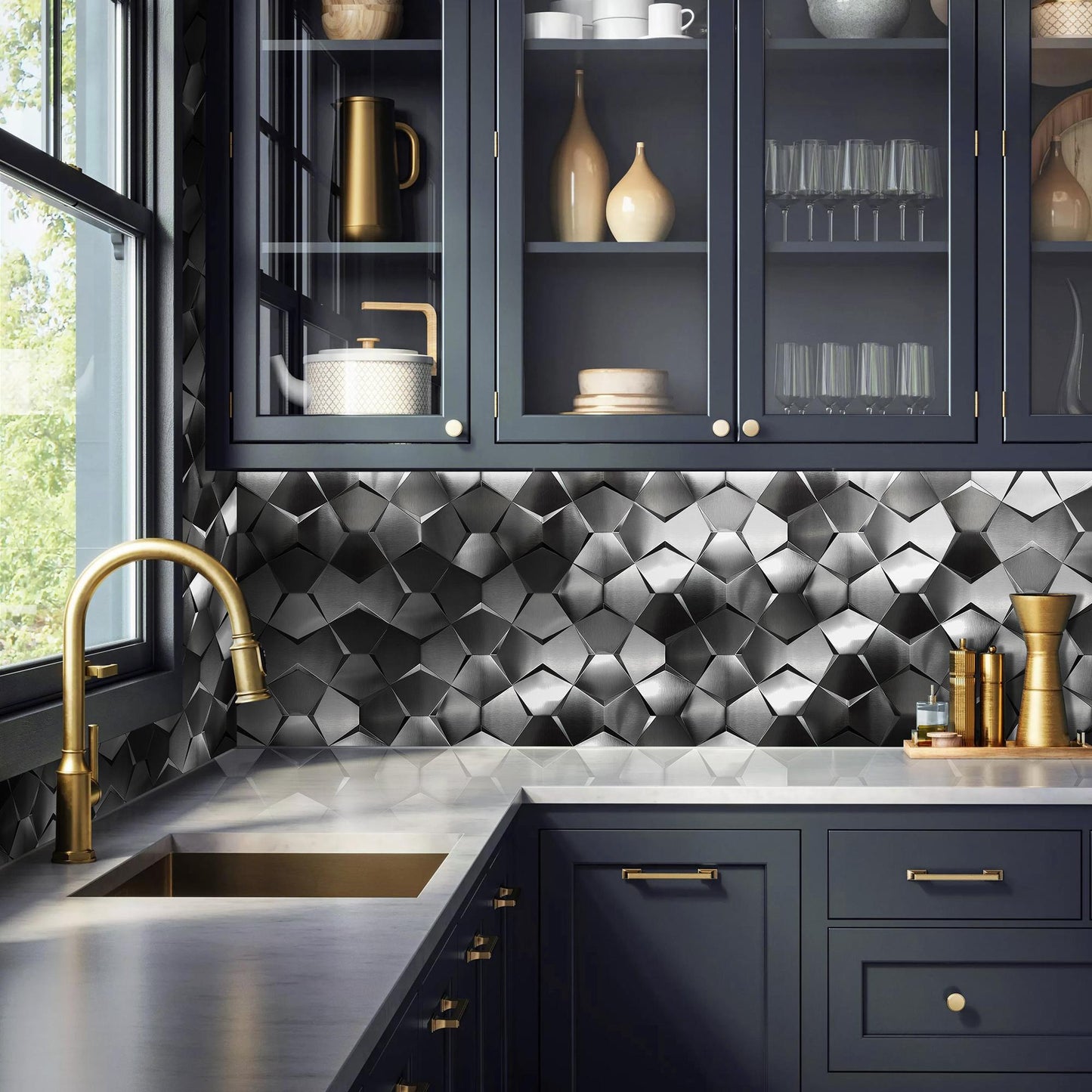 Black 3D Wall Panels Metallic Long Hexagon Backsplash Tile (Pack of 5)