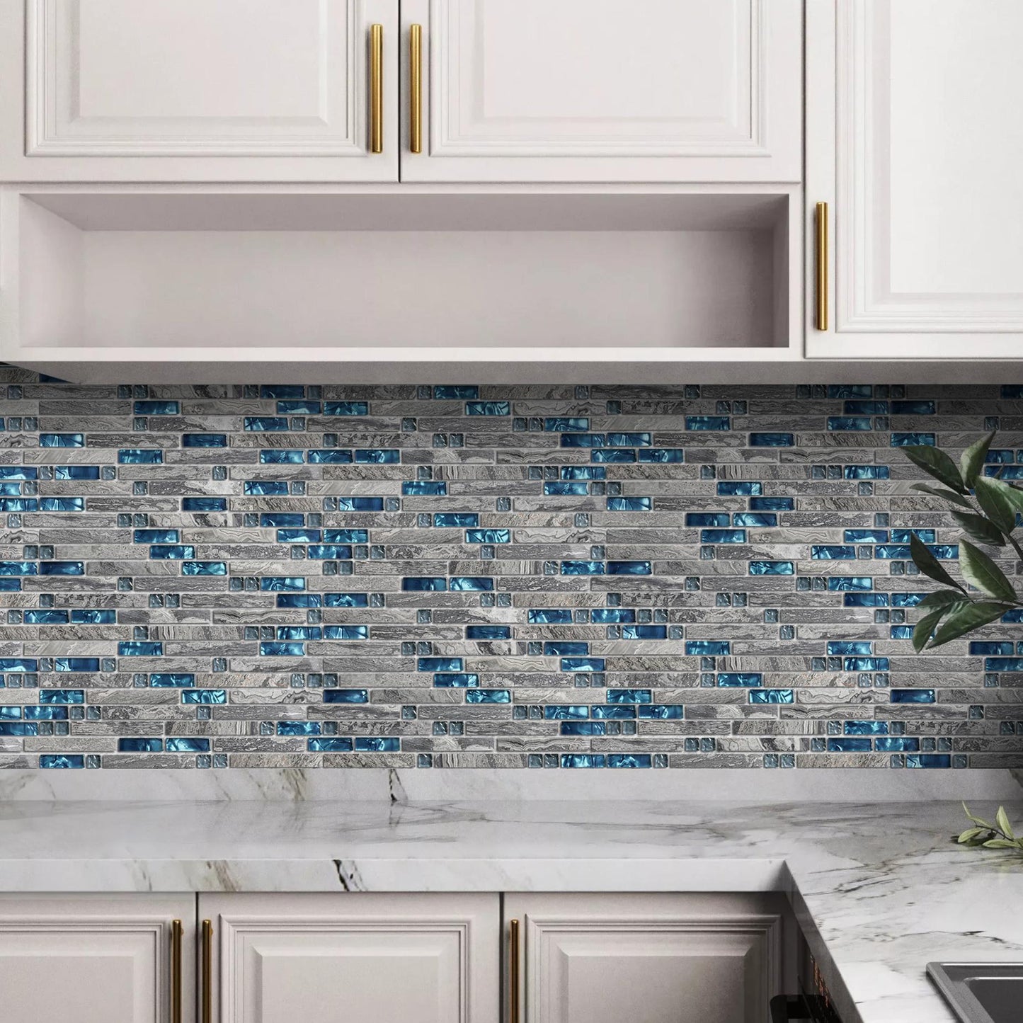 Gray Marble Tile for Kitchen Backsplash Teal Blue Interlocking Glass Mosaic Bathroom Shower Wall Backsplash (Pack of 5)