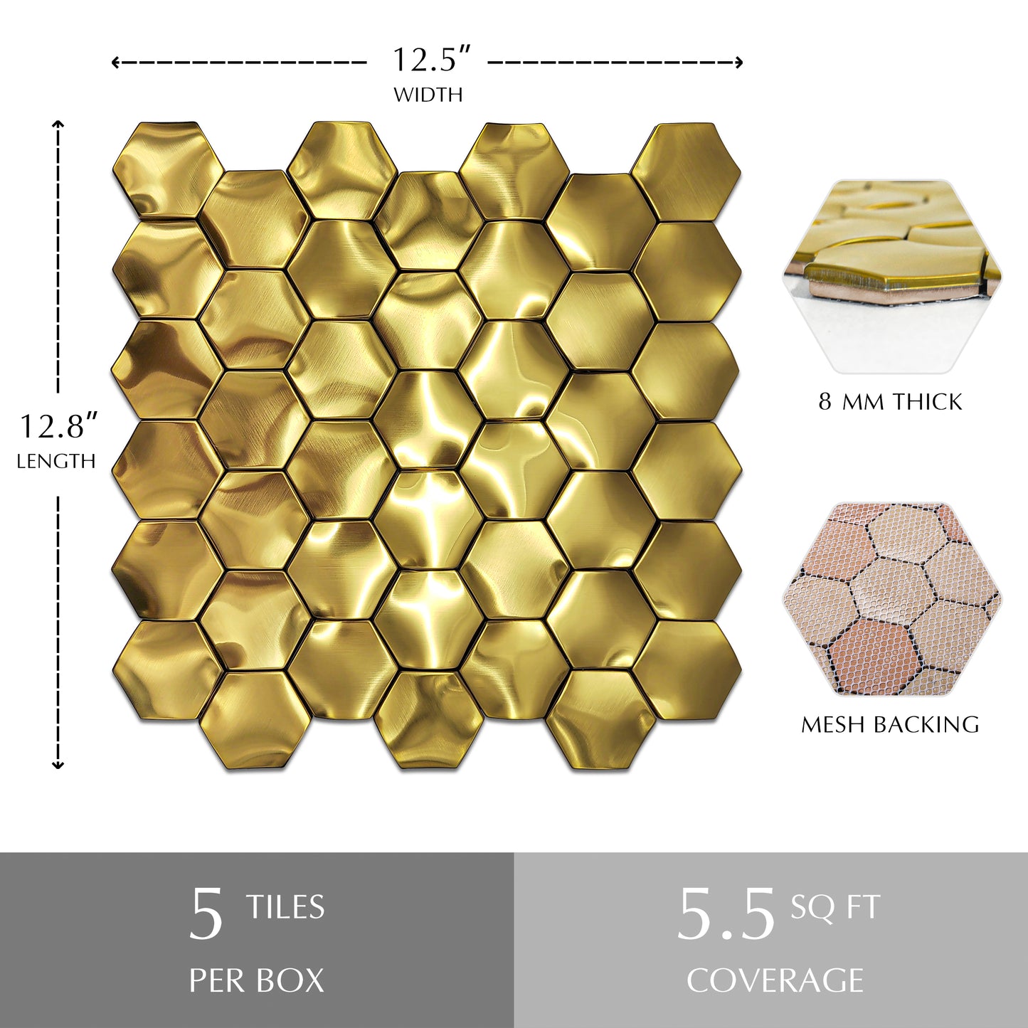3D Gold Wall Panels Hexagon Metal Tile Gold Backsplash Tiles for Kitchen & Bathroom (Pack of 5)