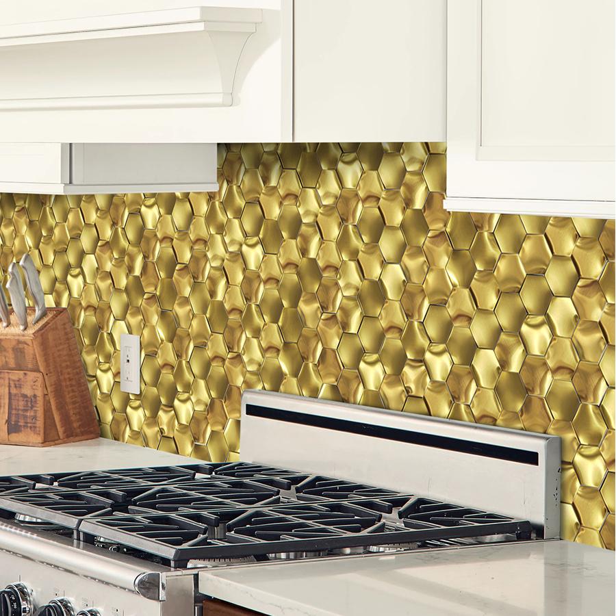 3D Gold Wall Panels Hexagon Metal Tile Gold Backsplash Tiles for Kitchen & Bathroom (Pack of 5)