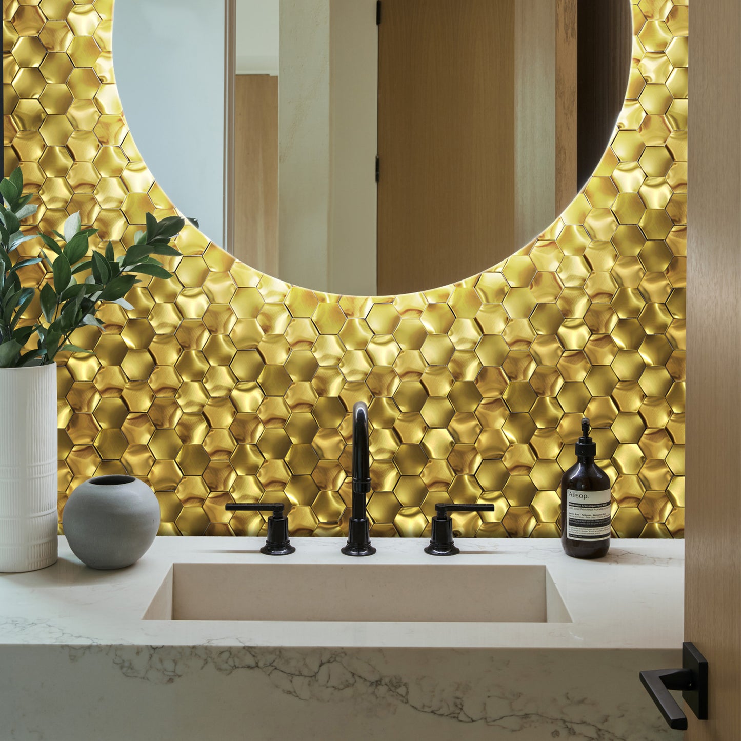 3D Gold Wall Panels Hexagon Metal Tile Gold Backsplash Tiles for Kitchen & Bathroom (Pack of 5)