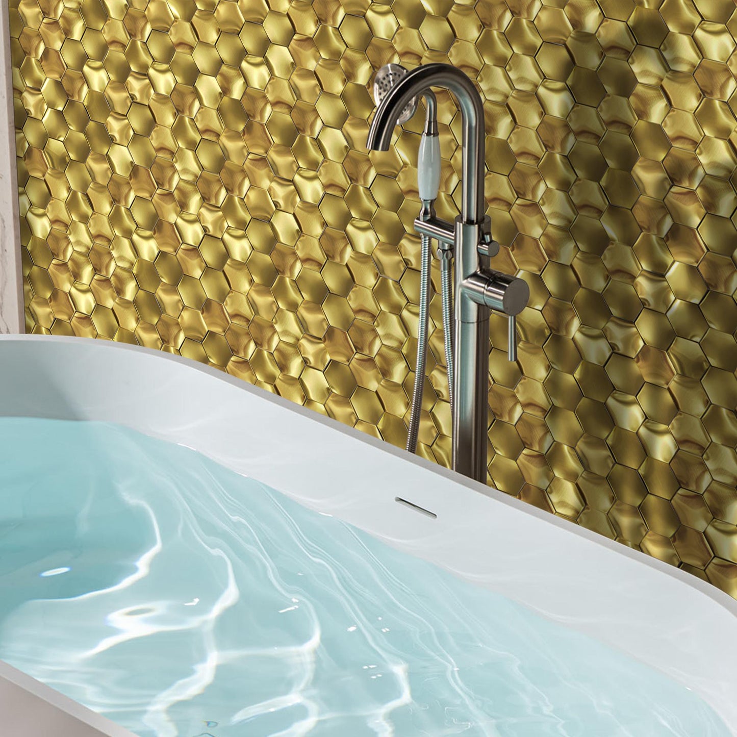 3D Gold Wall Panels Hexagon Metal Tile Gold Backsplash Tiles for Kitchen & Bathroom (Pack of 5)