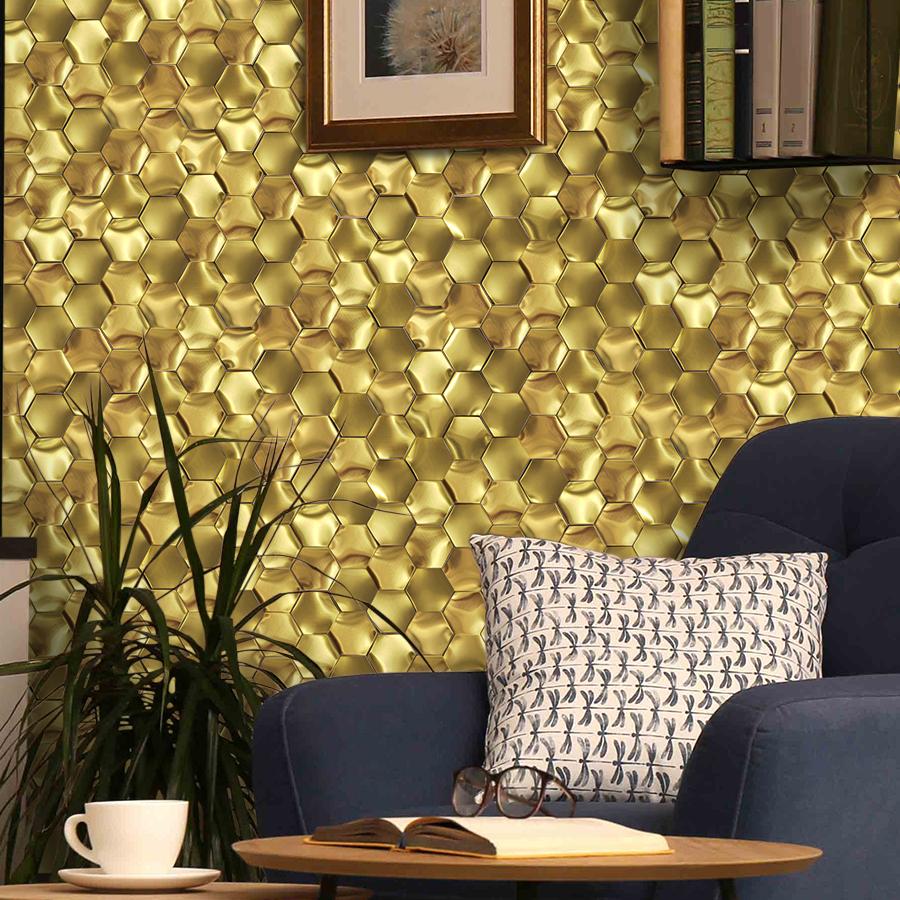 3D Gold Wall Panels Hexagon Metal Tile Gold Backsplash Tiles for Kitchen & Bathroom (Pack of 5)