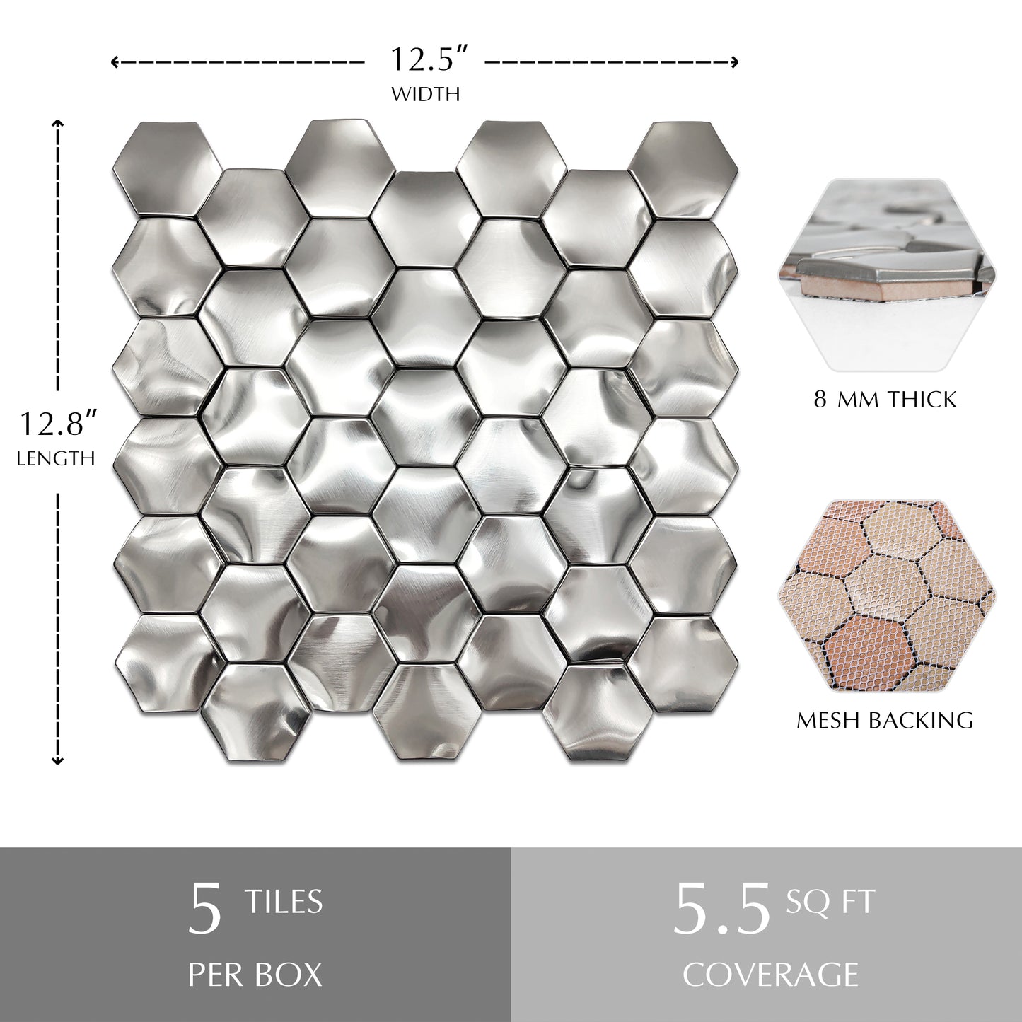 3D Wall Panels Kitchen Backsplash Tile Silver Metal Hexagon Mosaic Accent Wall Tiles (Pack of 5)