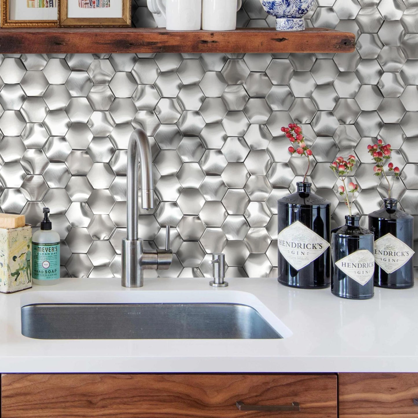 3D Wall Panels Kitchen Backsplash Tile Silver Metal Hexagon Mosaic Accent Wall Tiles (Pack of 5)