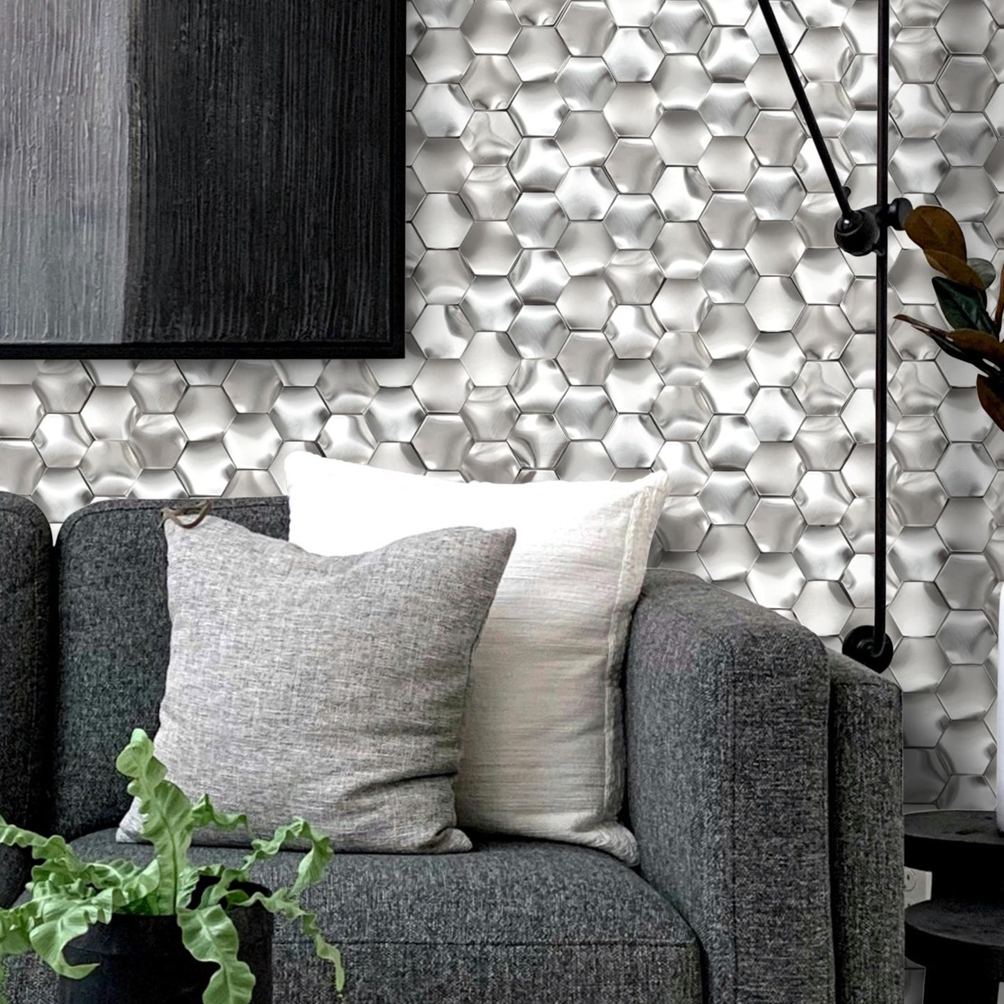 3D Wall Panels Kitchen Backsplash Tile Silver Metal Hexagon Mosaic Accent Wall Tiles (Pack of 5)