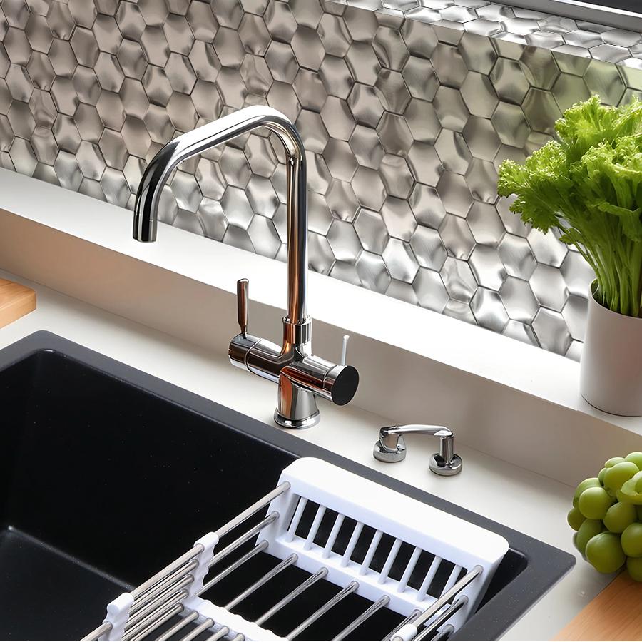 3D Wall Panels Kitchen Backsplash Tile Silver Metal Hexagon Mosaic Accent Wall Tiles (Pack of 5)