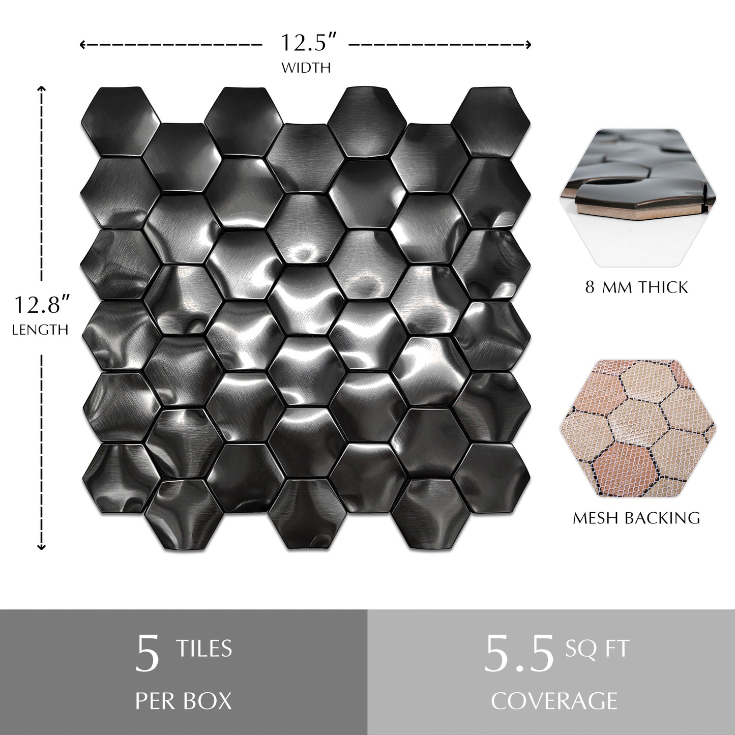 Black 3D Wall Panels Hexagon Metal Tile Bathroom Kitchen Backsplash Wall Black Tiles (Pack of 5)