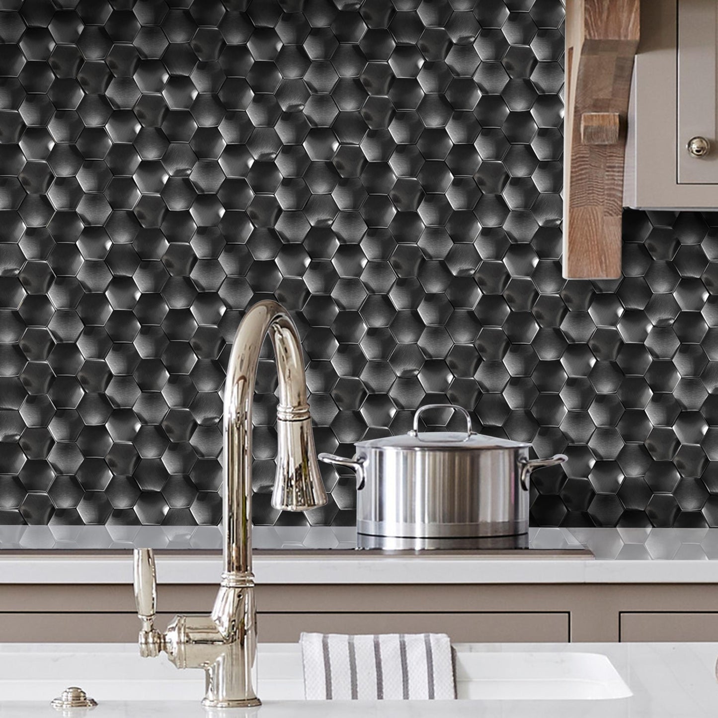 Black 3D Wall Panels Hexagon Metal Tile Bathroom Kitchen Backsplash Wall Black Tiles (Pack of 5)
