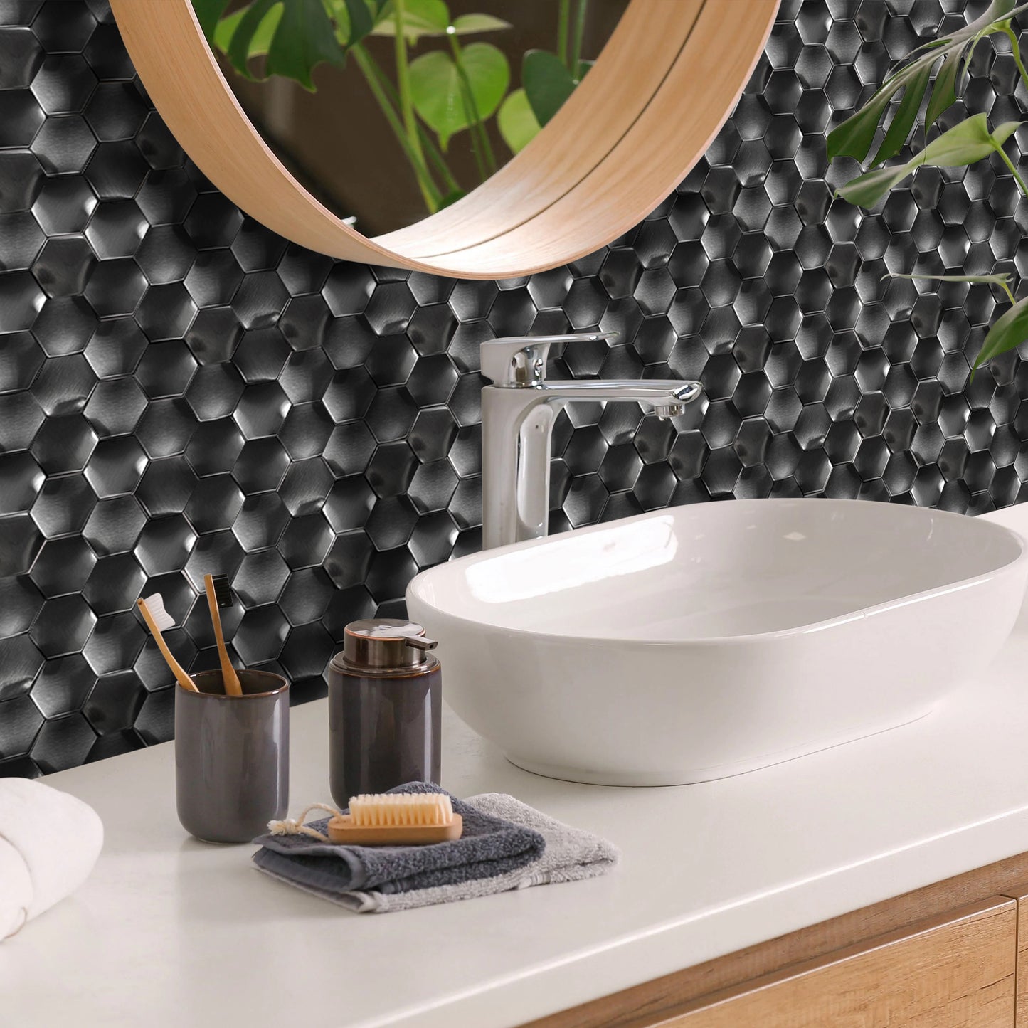 Black 3D Wall Panels Hexagon Metal Tile Bathroom Kitchen Backsplash Wall Black Tiles (Pack of 5)