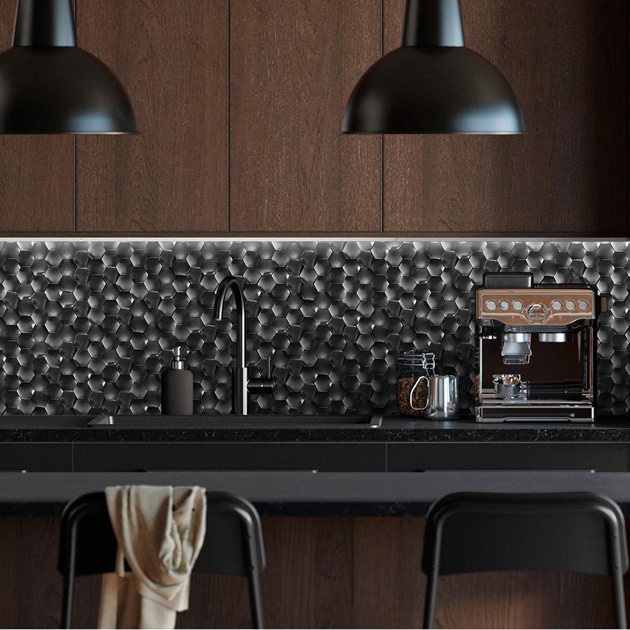 Black 3D Wall Panels Hexagon Metal Tile Bathroom Kitchen Backsplash Wall Black Tiles (Pack of 5)