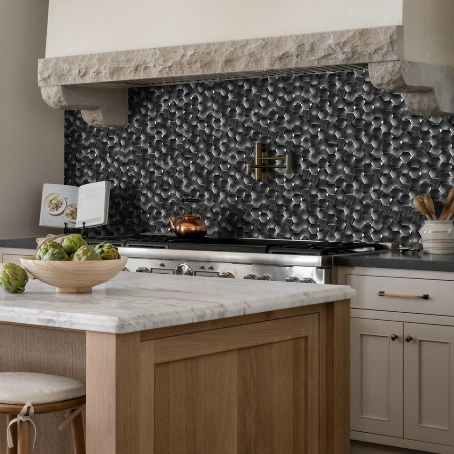 Black 3D Wall Panels Hexagon Metal Tile Bathroom Kitchen Backsplash Wall Black Tiles (Pack of 5)