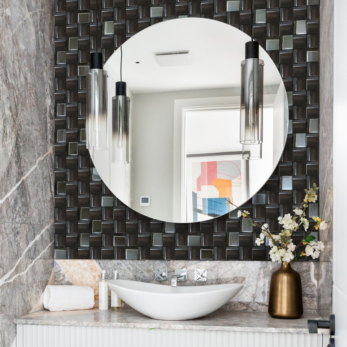 Black Tiles Metal Mosaic Wall Backsplash Tile 3D Wall Panels (Pack of 5)