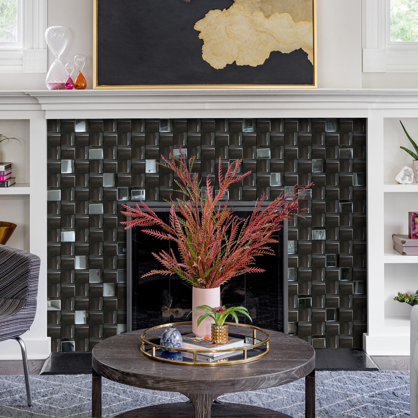 Black Tiles Metal Mosaic Wall Backsplash Tile 3D Wall Panels (Pack of 5)