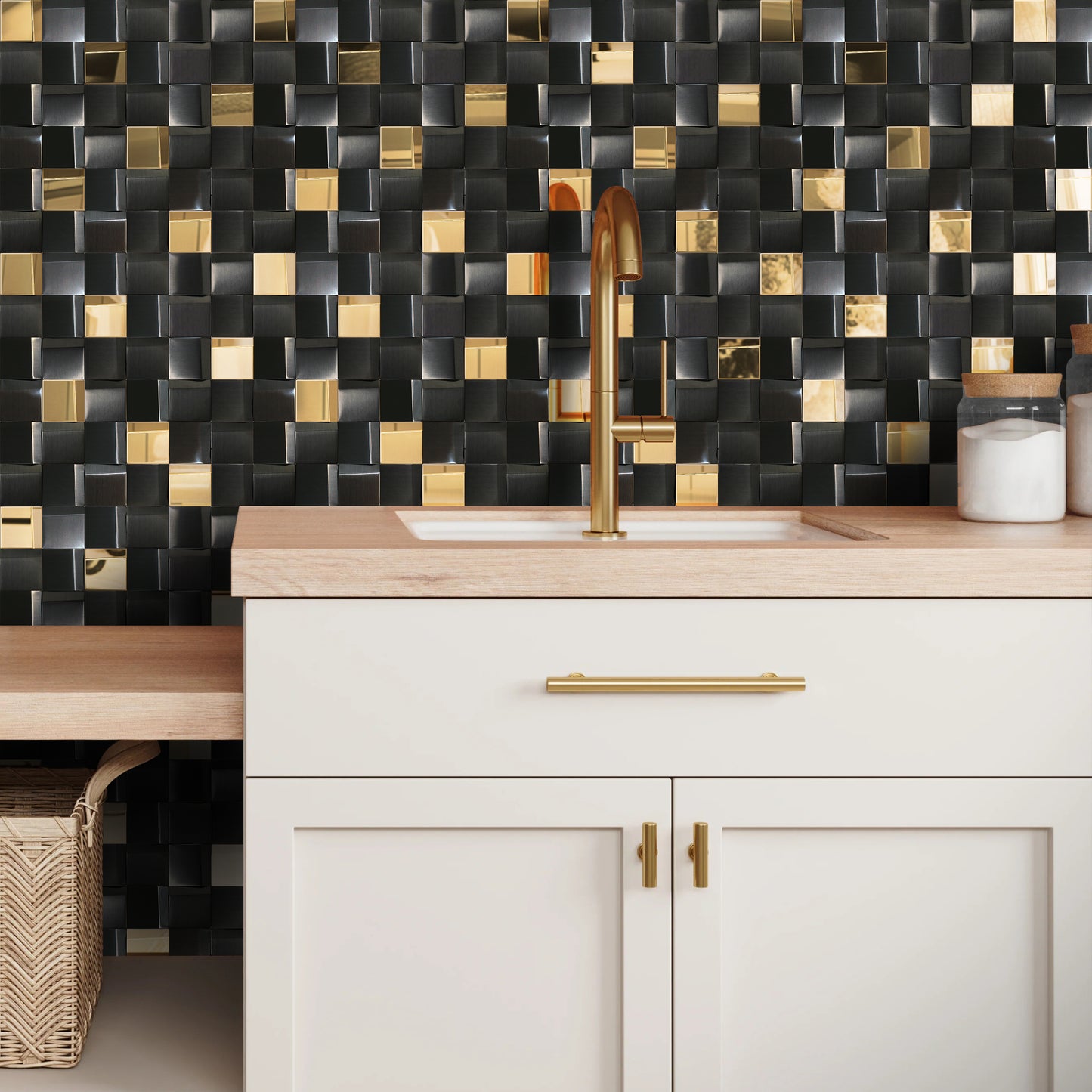 Black Tiles Metal Mosaic Wall Backsplash Tile 3D Wall Panels (Pack of 5)