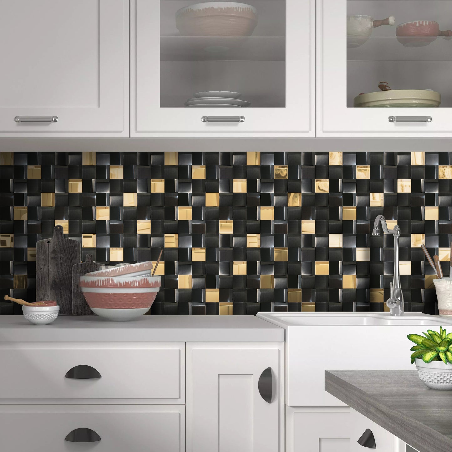 Black Tiles Metal Mosaic Wall Backsplash Tile 3D Wall Panels (Pack of 5)