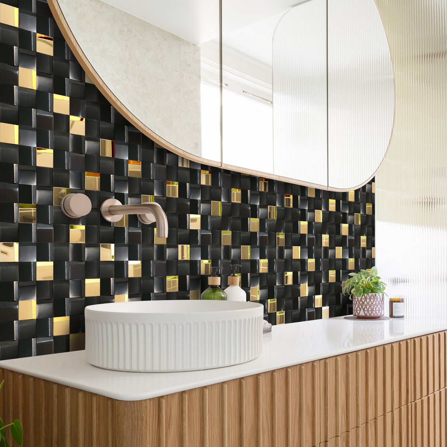 Black Tiles Metal Mosaic Wall Backsplash Tile 3D Wall Panels (Pack of 5)